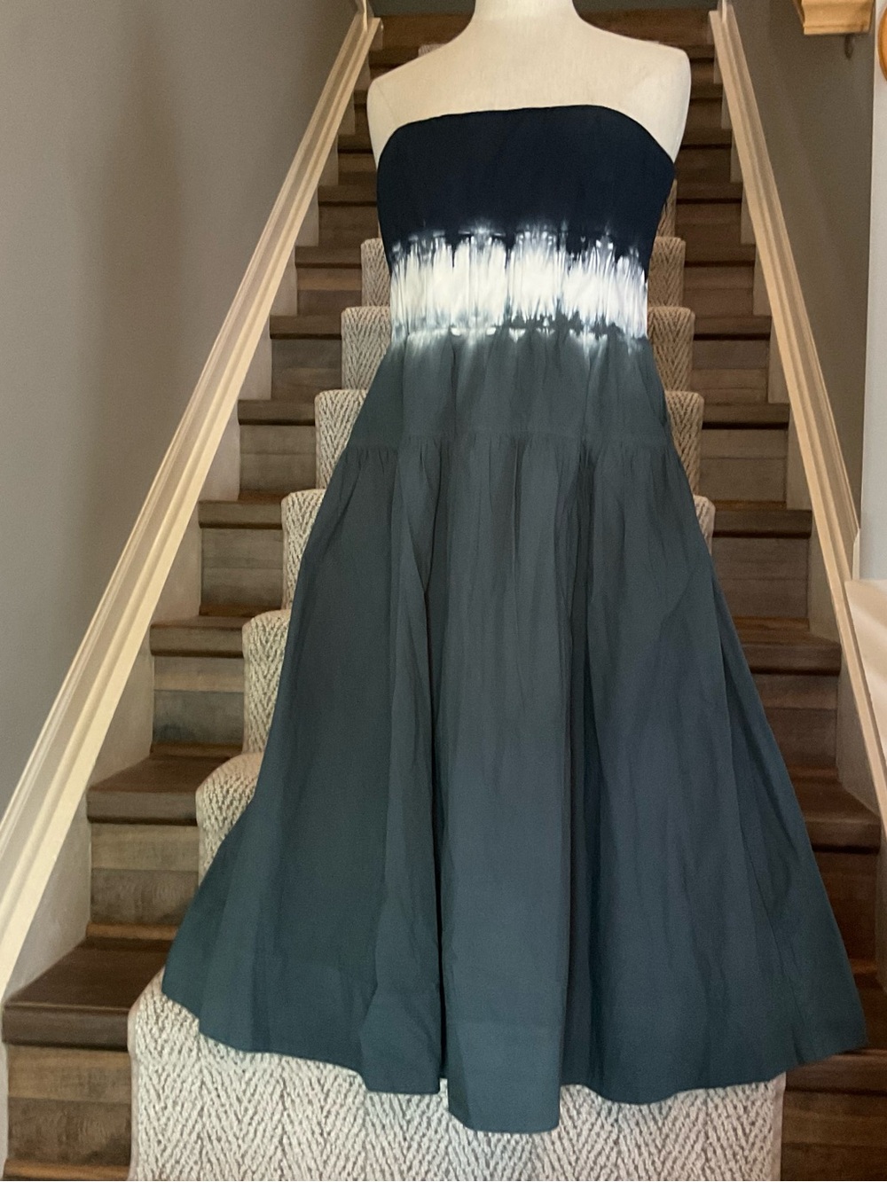 J Crew Cotton Strapless Tie-Dye Bandeau Dress in Navy and White